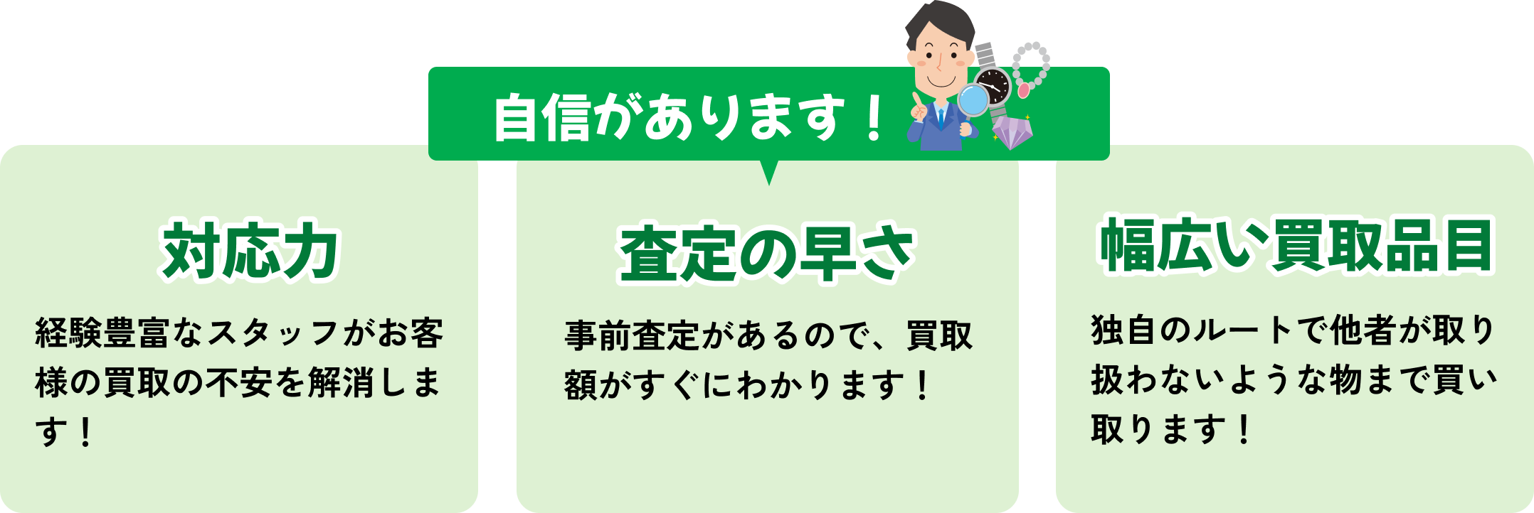 対応力、査定の速さ、幅広い買取品目